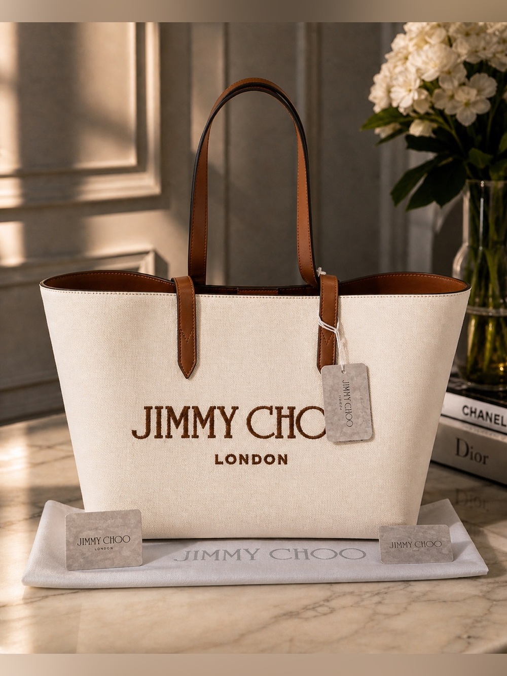 Jimmy Choo Canvas Logo Tote Ecru Tan NEW - Picture 8 of 17